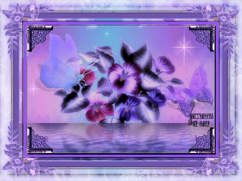 COTTON CANDY, flowers, butterflies, reflection, purple, HD wallpaper