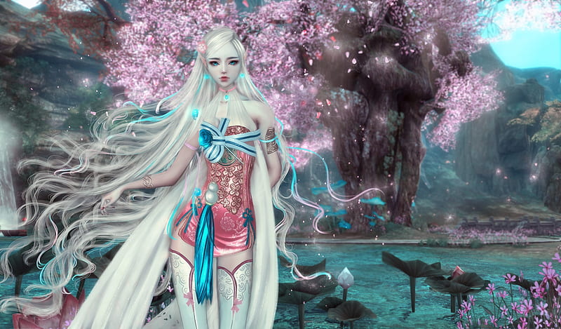 Lotus Goddess, sakura, frumusete, lotus, luminos, goddess, spring, lake, blossom, fantasy, water, pink, mila milova, cherry, blue, HD wallpaper