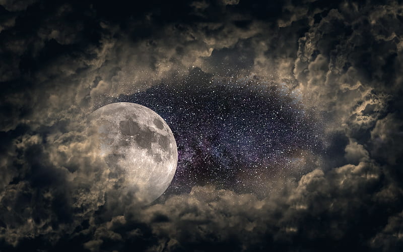 moon, starry sky night, clouds, night sky, HD wallpaper