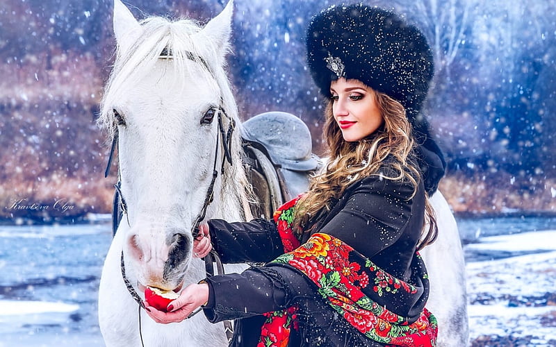 Two beauties, apple, red, model, horse, woman, animal, winter, hat, fruit, girl, russian, white, blue, HD wallpaper