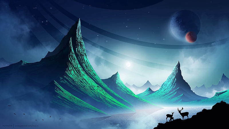 deer, mountains, art, landscape, night, space, HD wallpaper