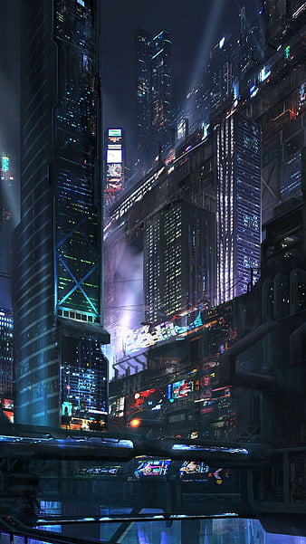 Download wallpaper 1366x768 city, future, cyberpunk, architecture, night,  lights, road junction tablet, laptop hd background