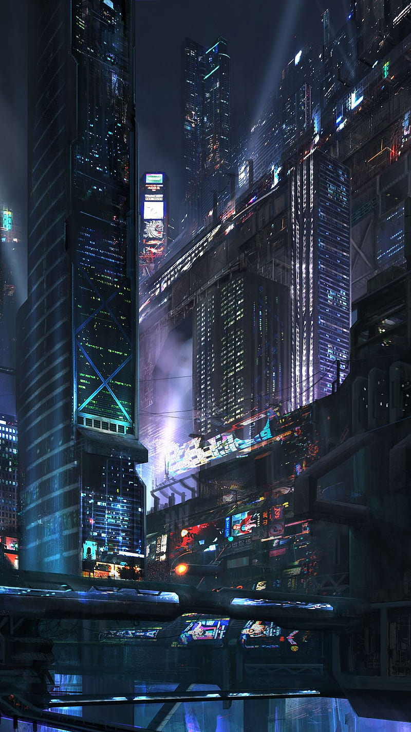 futuristic city night anime