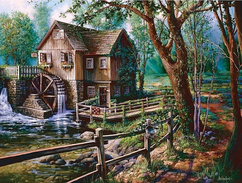 Jenny's Mill, fence, watermill, painting, river, trees, artwork, HD wallpaper