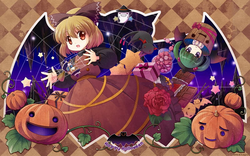 Tohou (halloween), cute, thou, halloween, pumpkin, HD wallpaper