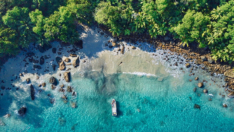 Aerial View~Tropical Island, ocean, island, tropics, trees, rocks, aerial view, beach, boat, sand, beauty, nature, HD wallpaper