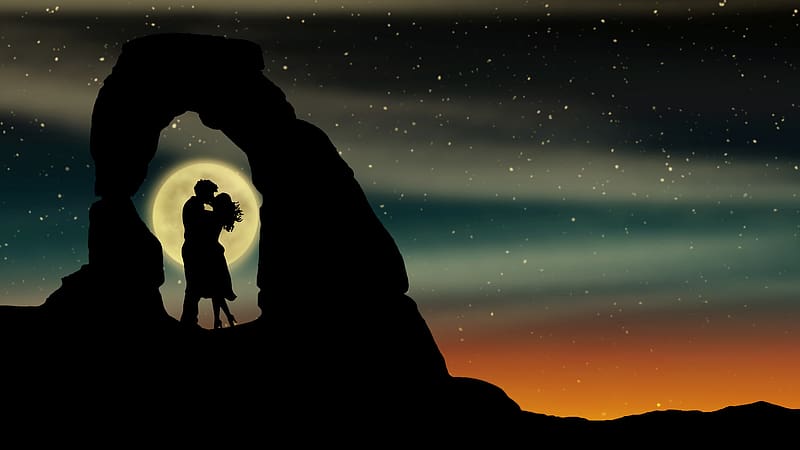 Stars, Moon, Love, Silhouette, Couple, Artistic, Full Moon, HD wallpaper