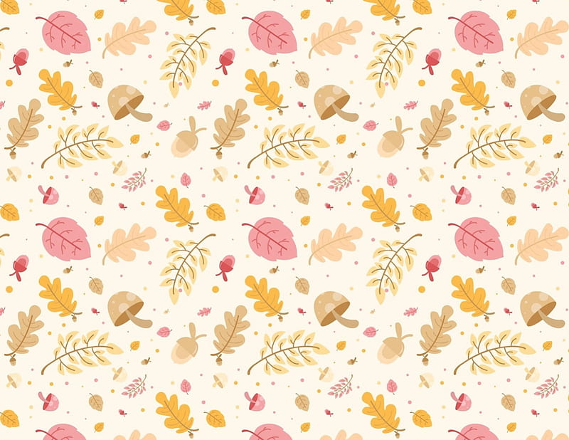 Texture, pattern, autumn, mushroom, yellow, leaf, paper, white, pink, HD wallpaper