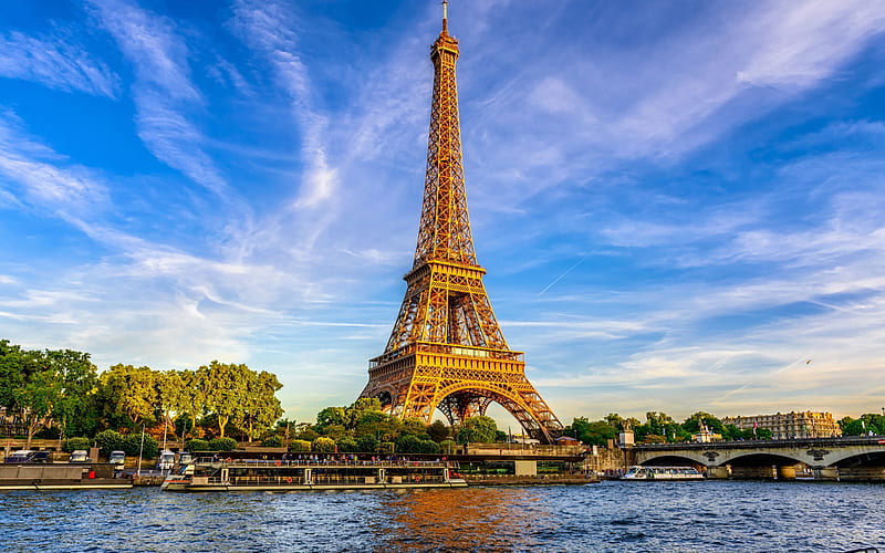 Eiffel Tower, Paris, evening, sunset, landmark, Paris cityscape, France, HD wallpaper