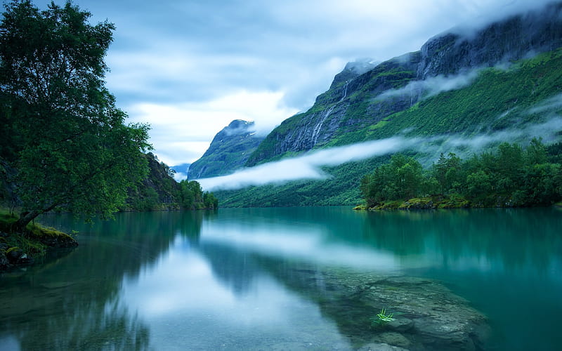Lake Lovatnet, morning, mountains, waterfalls, Norway, HD wallpaper