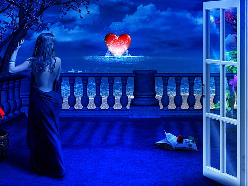 waiting for love, bonito, woman, clouds, sea, fantasy, love, dream, blue, night, female, window, romantic, balcony, ocean, sky, 3d, heart, lady, HD wallpaper