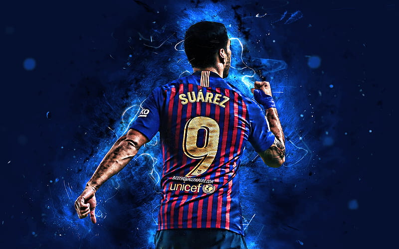 Luis Suarez, back view, FCB, La Liga, Barcelona FC, uruguayan footballers, Joyful Luis Suarez, Barca, Spain, football stars, Suarez, neon lights, soccer, LaLiga, HD wallpaper