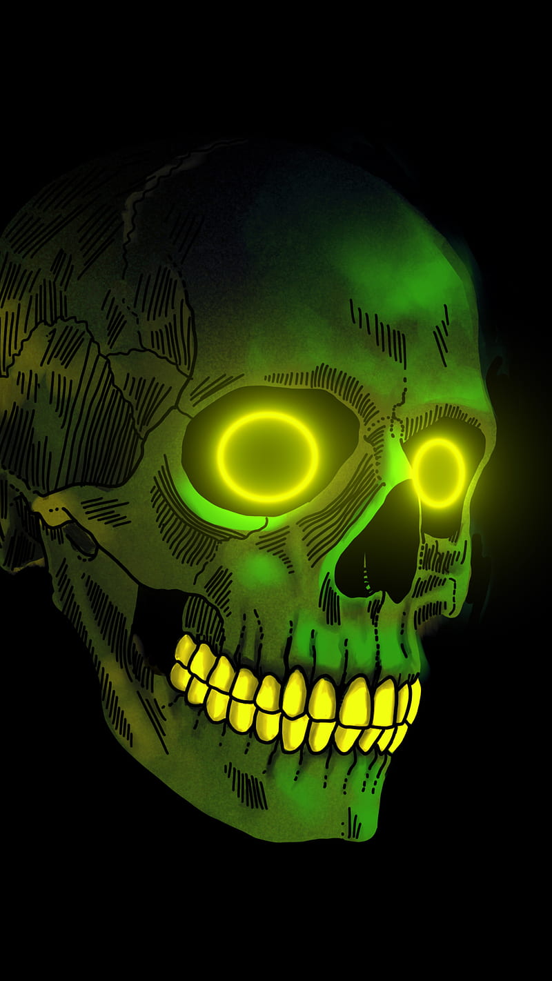 Green skull of skulls , creepy, eyes, glow, halloween, neon, scary, skeleton, HD phone wallpaper