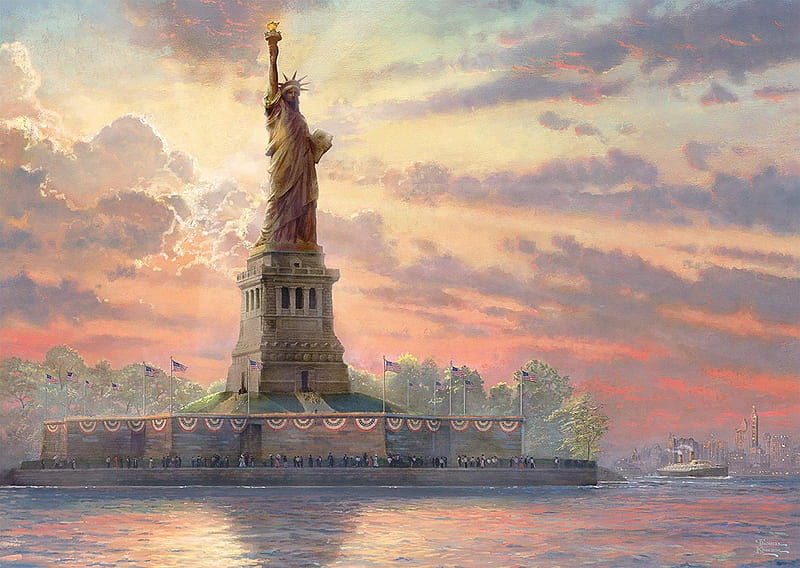 Statue of Liberty at dusk, sea, art, starue of liberty, water, painting, pictura, thomas kinkade, HD wallpaper