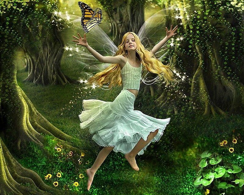 Forest Little Fairy, forest, art, trees, abstract, fantasy, 3d, butterfly, girl, flowers, fairy, HD wallpaper
