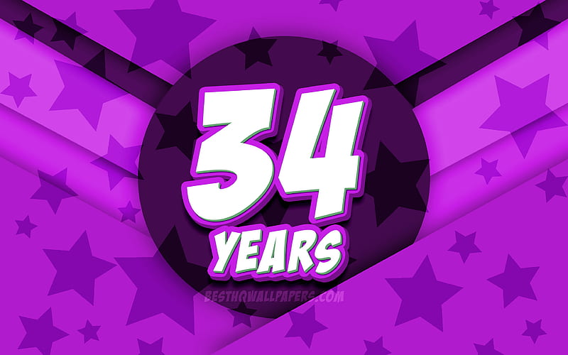Happy 34 Years Birtay, comic 3D letters, Birtay Party, violet stars background, Happy 34th birtay, 34th Birtay Party, artwork, Birtay concept, 34th Birtay, HD wallpaper