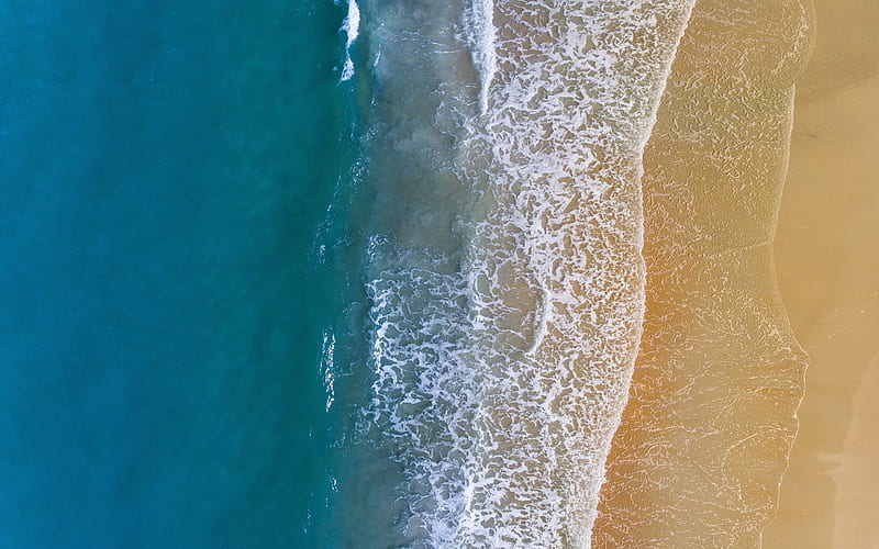 ocean, aero view, coast, top view, waves, beach, sand, HD wallpaper