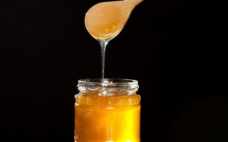 honey, spoon with honey, honey jar on black background, honey jar, honey concepts, HD wallpaper