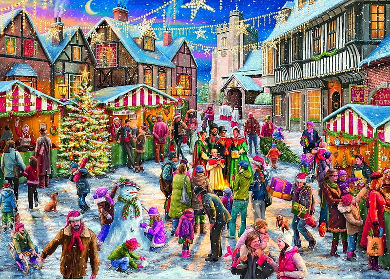 Wrapped Up For Christmas, christmas, church, snowman, market, tree, mulled wine, singers, moon, snow, decorations, chestnut, presents, HD wallpaper
