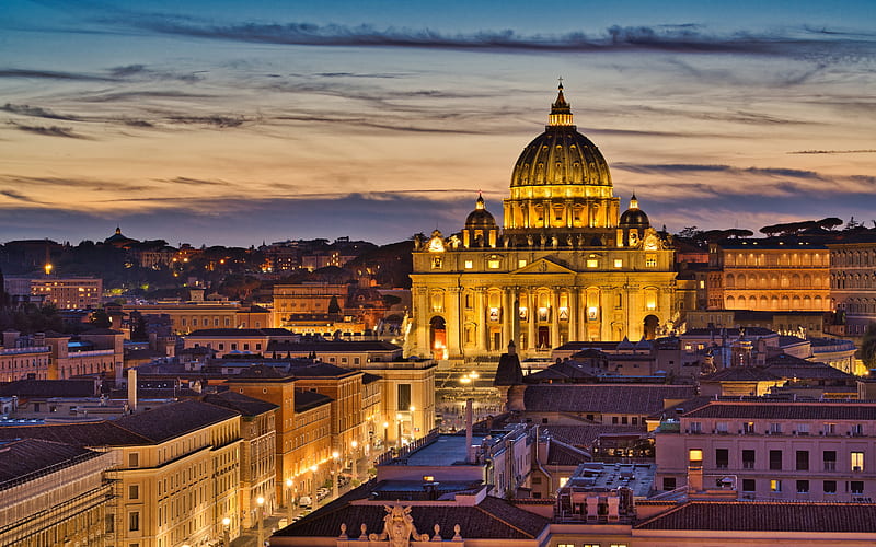 Rome, St Peters Basilica, Vatican, Italian Renaissance church, evening, landmark, Rome cityscape, Italy, HD wallpaper