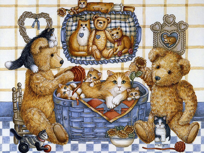 CATS AND BEARS O MY!!!, family, bears, cats, teddy, HD wallpaper