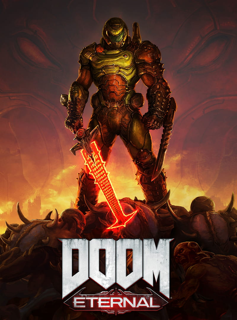 Doom eternal, armor, blood, demon, horn, monsters, red, slayer, sword, HD phone wallpaper