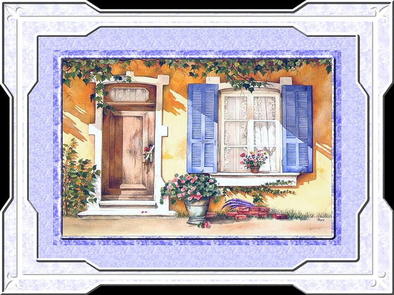 A Perfect Moment - House Entry 1, art, house, window, cottage, entrance, front door, porch, pomm, painting, HD wallpaper