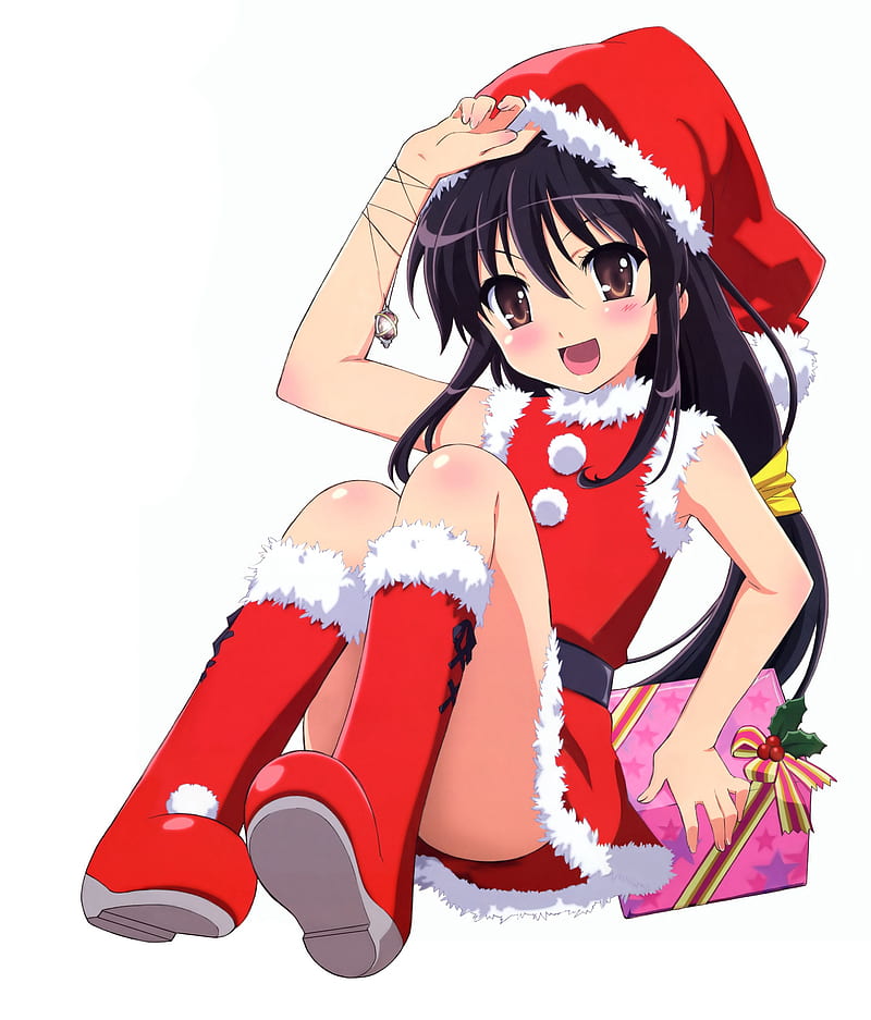 Christmas, Santa costume, brunette, anime girls, anime, holiday, HD phone wallpaper