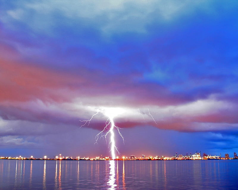 Lightning, stormy sky, city lights, ocean, sky, clouds, storm, lights, calm  water, HD wallpaper | Peakpx