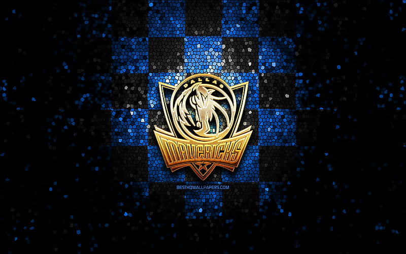 Dallas Mavericks, glitter logo, NBA, blue checkered background, USA, american basketball team, mosaic art, basketball, America, HD wallpaper