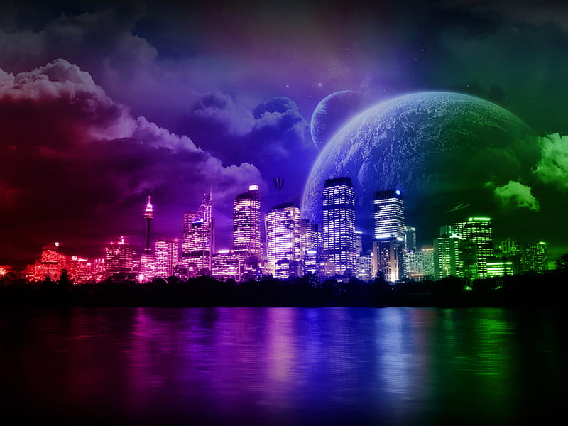 Neon Lights Big City, planets, fantasy, water, space, abstract, other, HD wallpaper
