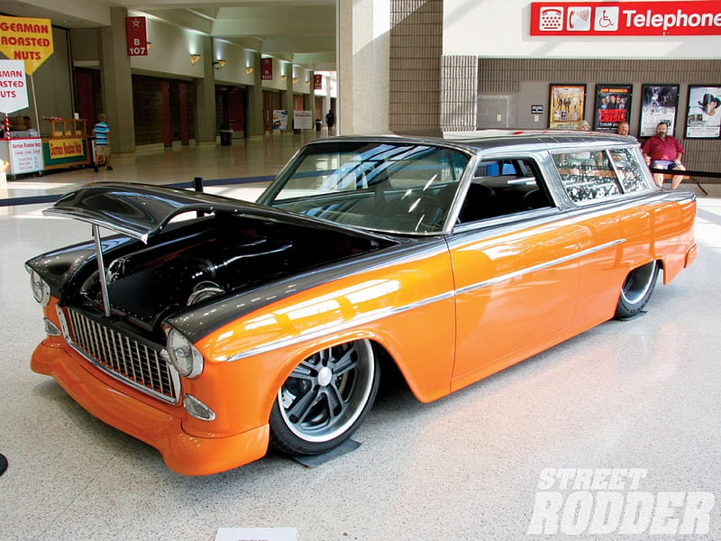 55 Chevy Nomad, GM, Bowtie, Orange, Dk Gray, HD wallpaper