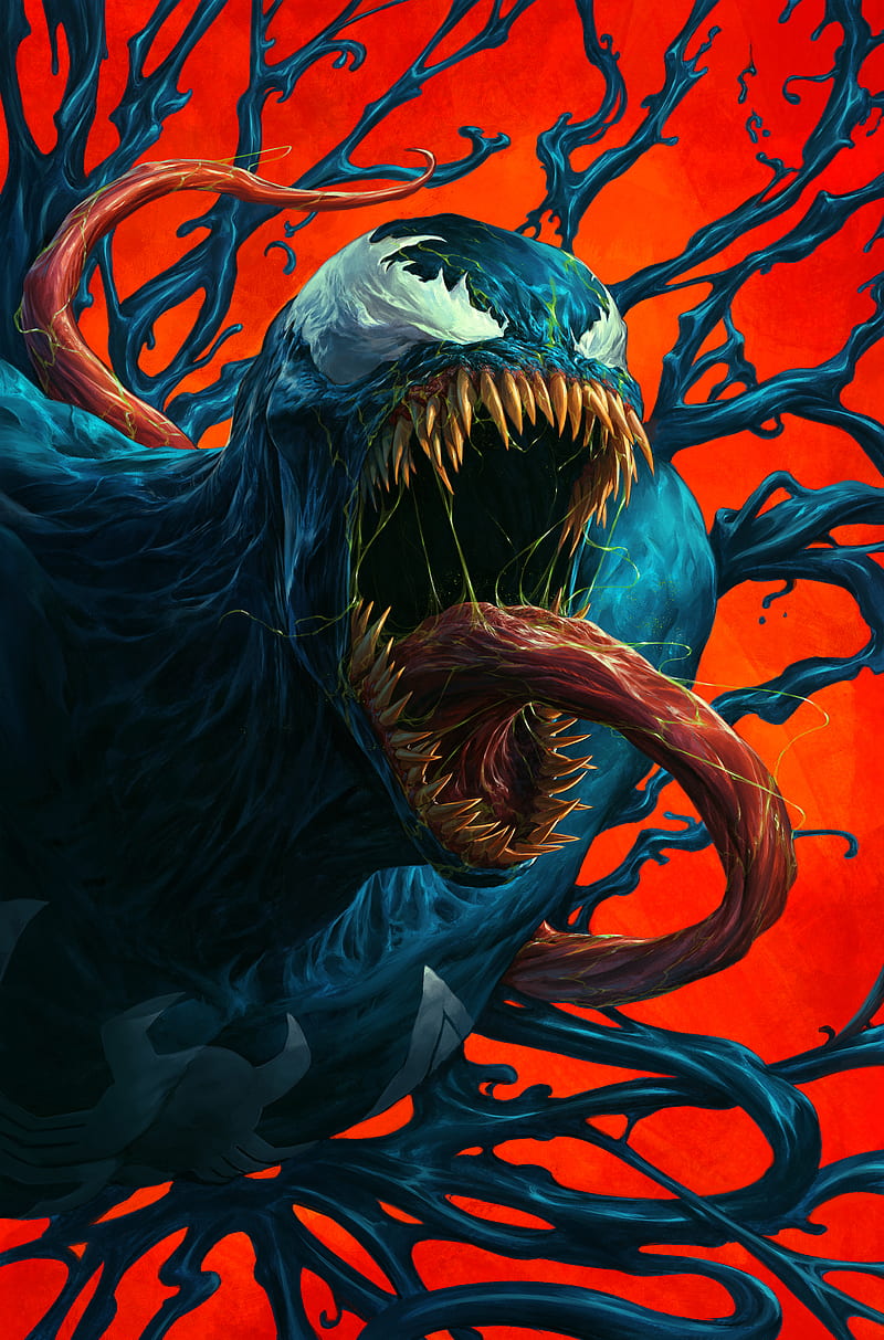 Venom, tentacles, tongue out, orange background, Symbiote, eddie brock, teeth, fangs, HD phone wallpaper