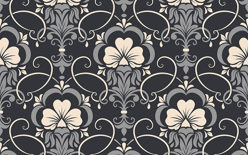 damask seamless texture, gray background, flower texture, seamless backgrounds, damask seamless pattern, HD wallpaper