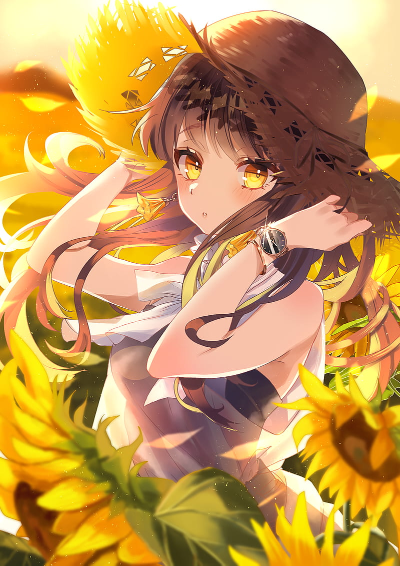 Anime, anime girls, long hair, brunette, yellow eyes, straw hat, flowers,  original characters, HD phone wallpaper | Peakpx