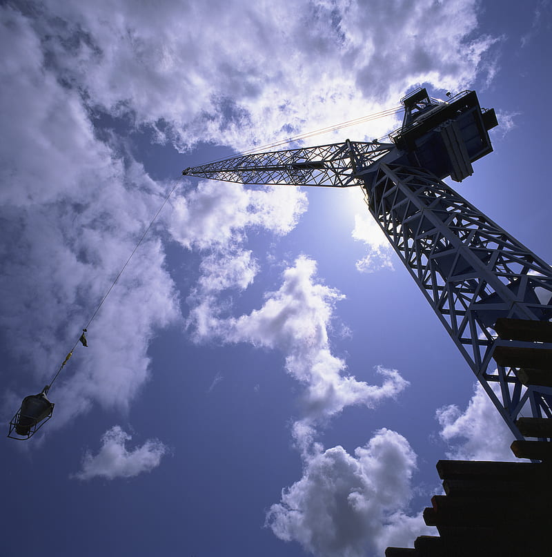 construction vehicles, cranes (machine), sky, clouds, sun rays, HD phone wallpaper