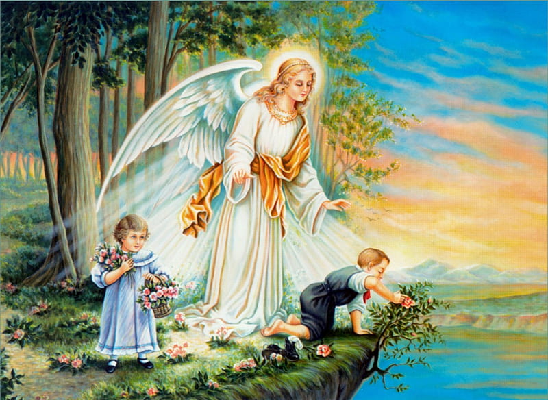 gardian angel, art, angel, heaven, gardian, kids, HD wallpaper