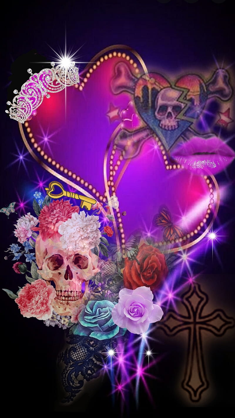 On Top, crown, death, flowers, corazones, love, pink, purple, skull, sugar, tiara, HD phone wallpaper