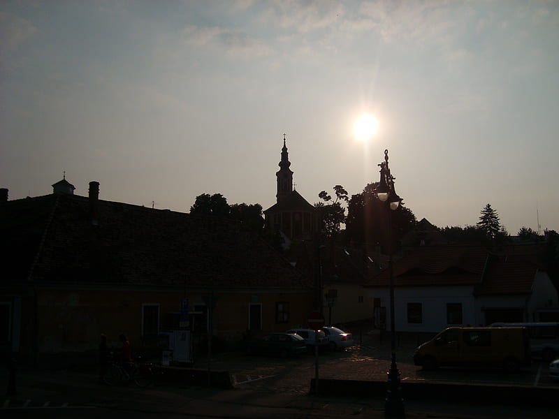 Church towers at sunset, sunset, sun, church, tower, HD wallpaper