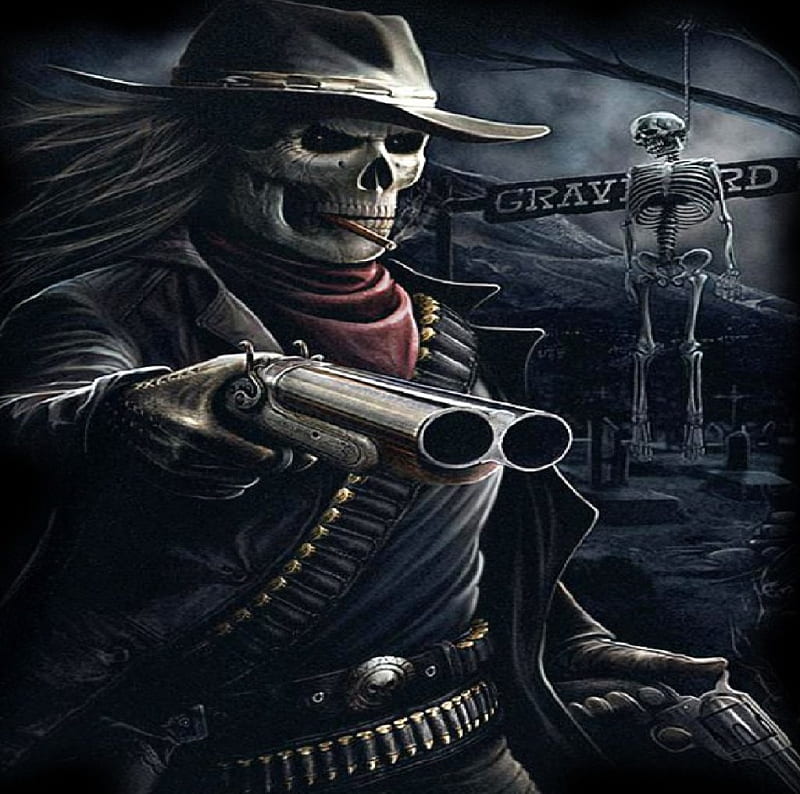 Undead Bounty Hunter, hanging, skeletons, cowboys, shotgun, HD wallpaper