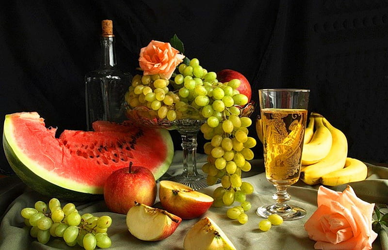 Fruits -still life, fall, bottle, aroma, grapes, still life, fruit, arrangement, flowers, drink, season, pink, apples, wine, bananas, roses, glass, taste, watermelon, nature, HD wallpaper
