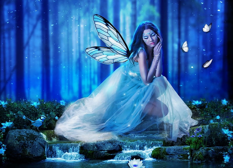 Fairy Dreams, water, bird, fairy, blue, girl, HD wallpaper