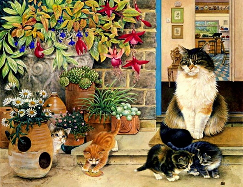 Spring Fun, house, pots, felines, doorway, kittens, flowers, step, cats, HD wallpaper