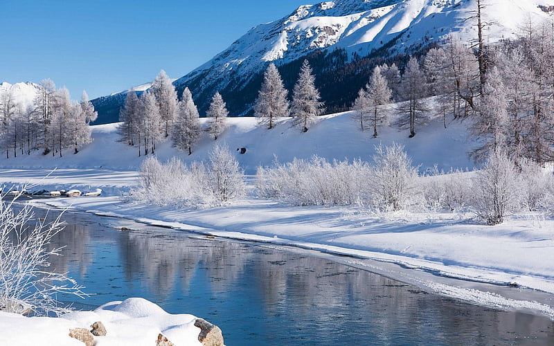 Starting Winter in the Engadin, Switzerland, river, snow, mountains, ice, sky, trees, HD wallpaper