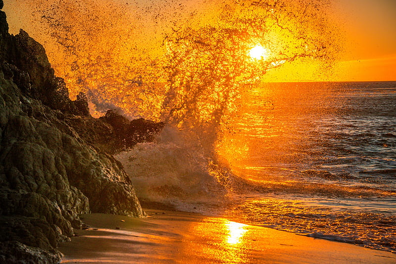 Sunset on Malibu Beach, sunset, nature, usa, beach, waves, reflection ...