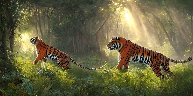 Tigers in a jungle, jungle, forest, tigers, AI, prowling, HD wallpaper