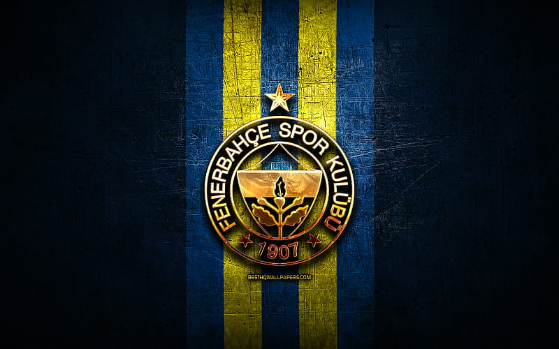 Fenerbahce FC, golden logo, Turkish Super League, blue metal background, football, Fenerbahce SK, Turkish football club, Fenerbahce logo, Super Lig, soccer, Turkey, HD wallpaper