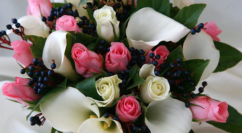 * Bouquet *, bouquet, white roses, flowers, cala, roses, pink roses, HD wallpaper