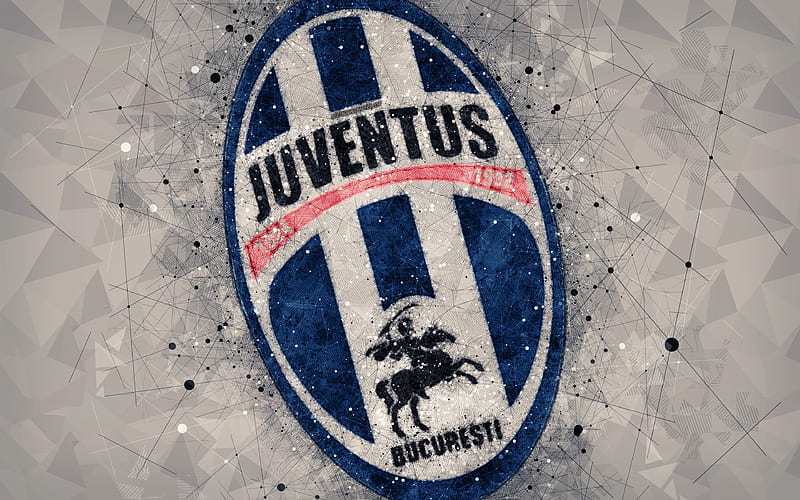 FC Juventus Bucuresti logo, geometric art, gray background, Romanian football club, emblem, Liga 1, Bucharest, Romania, football, art, HD wallpaper