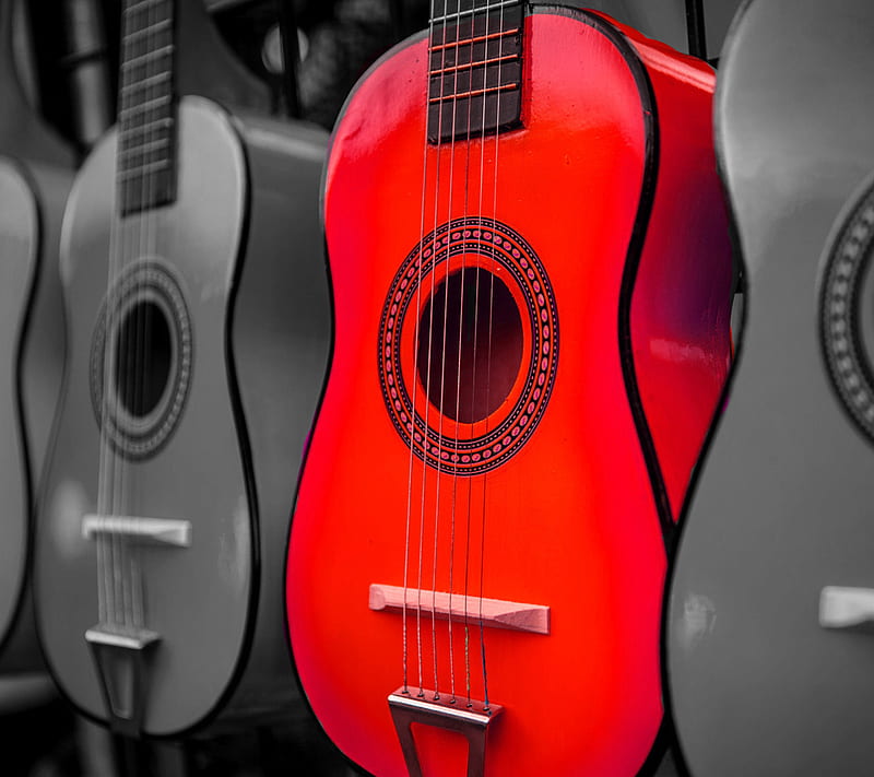 red guitar, acoustic, guitar, instrument, music, new, nice, red, strings, HD wallpaper